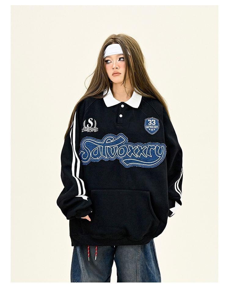 Polo Collar Lettering Embroidered Oversized Sweatshirt Product Image