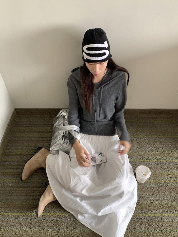 Plain Hooded Ribbed Cropped Sweater / Knit Tank Top / High Waist Maxi A-Line Skirt / Set Product Image