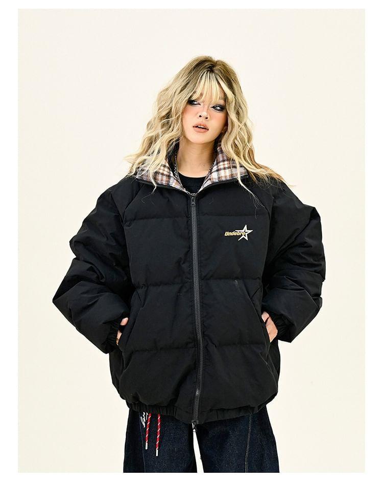 Hooded Plaid Panel Lettering Zip Puffer Jacket Product Image