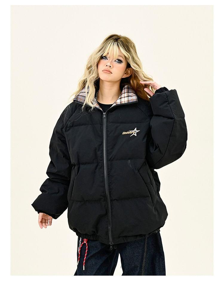 Hooded Plaid Panel Lettering Zip Puffer Jacket Product Image