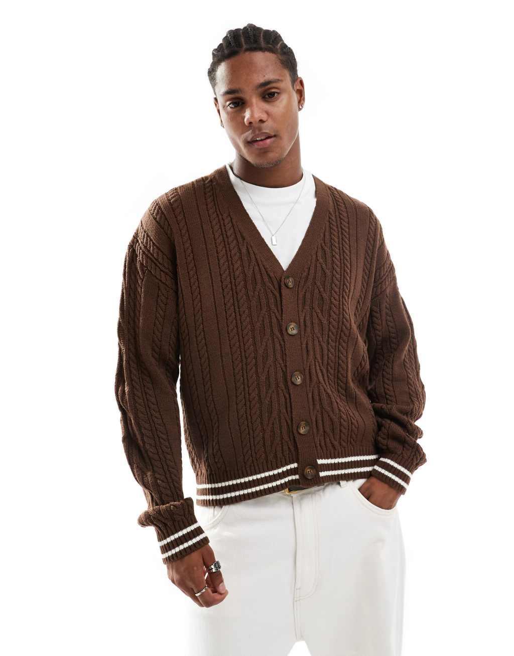 ASOS DESIGN relaxed boxy fit cable knit cardigan in brown with ecru tipping Product Image