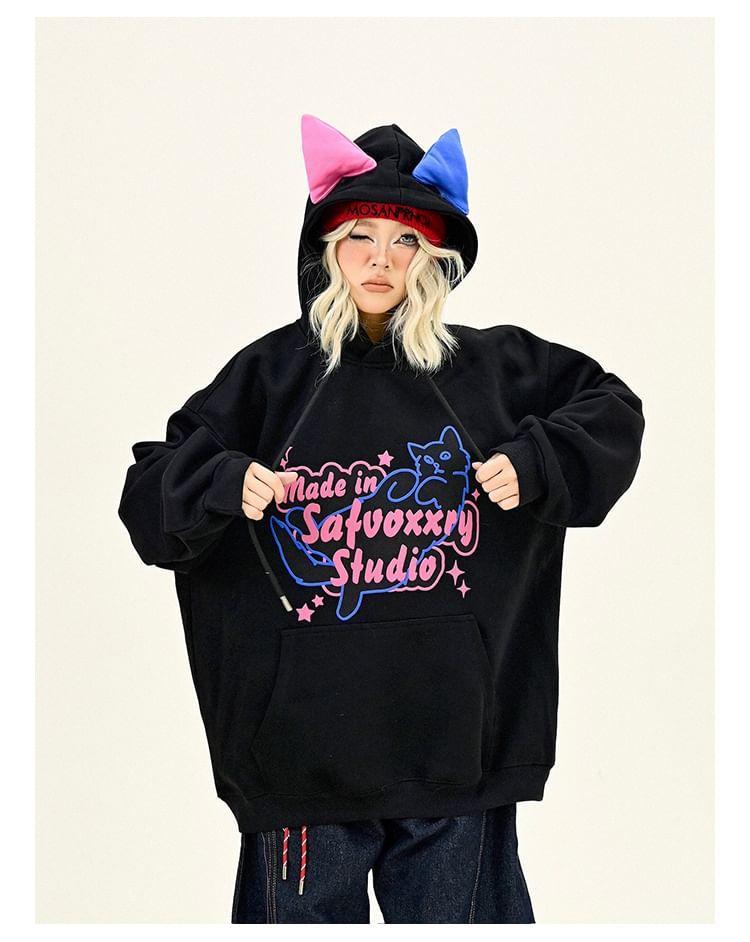 Drawstring Cat Ear Printed Oversized Hoodie Product Image