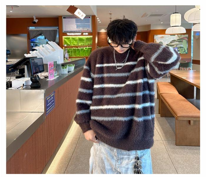 Crew Neck Striped Fluffy Sweater Product Image