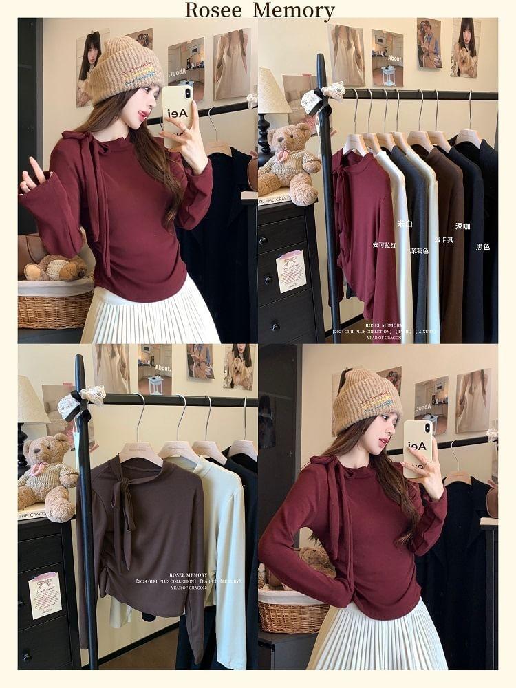 Long-Sleeve Round Neck Plain Bow T-Shirt Product Image