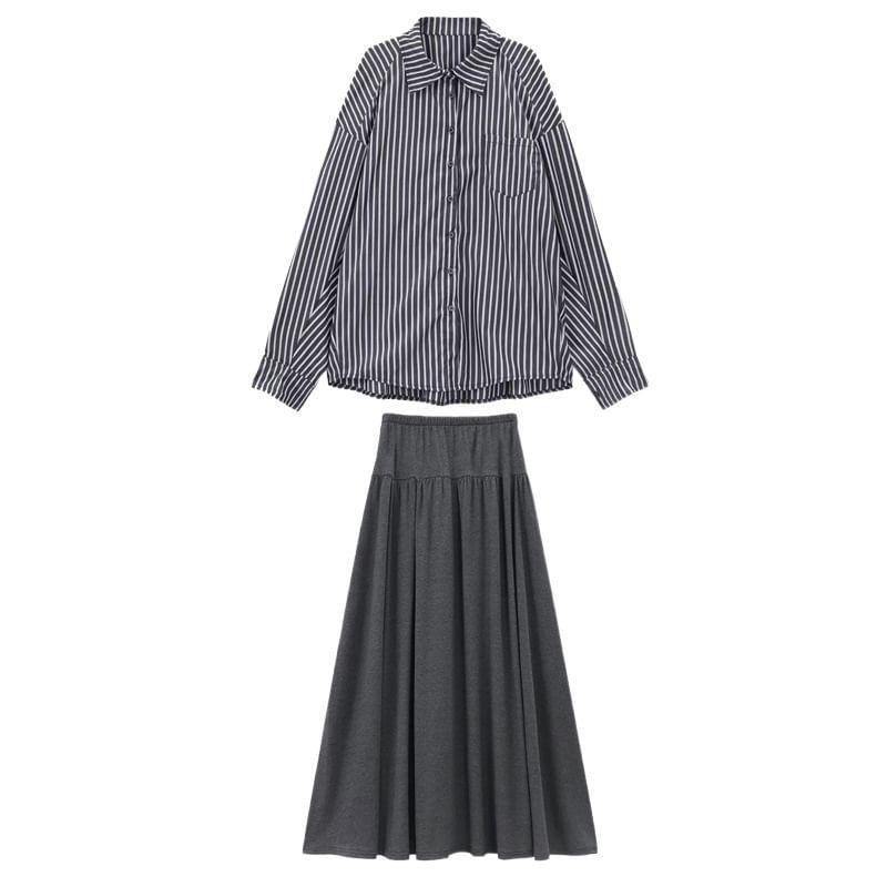 Maternity Long Sleeve Collared Striped Shirt / Elastic Waist Plain Maxi A-Line Skirt Product Image