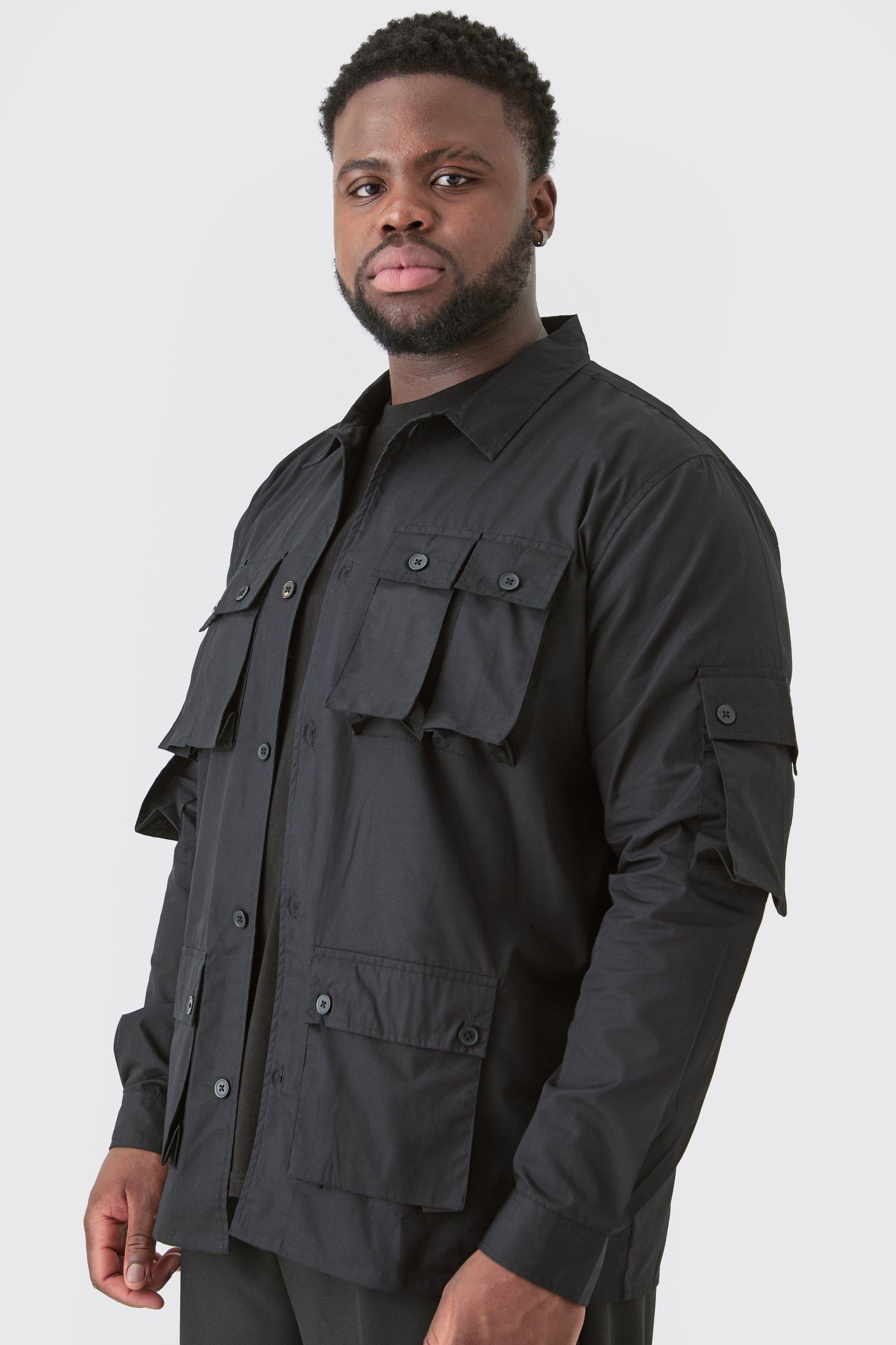 Plus Long Sleeve Poplin Utility Pocket Overshirt | boohooMAN USA Product Image