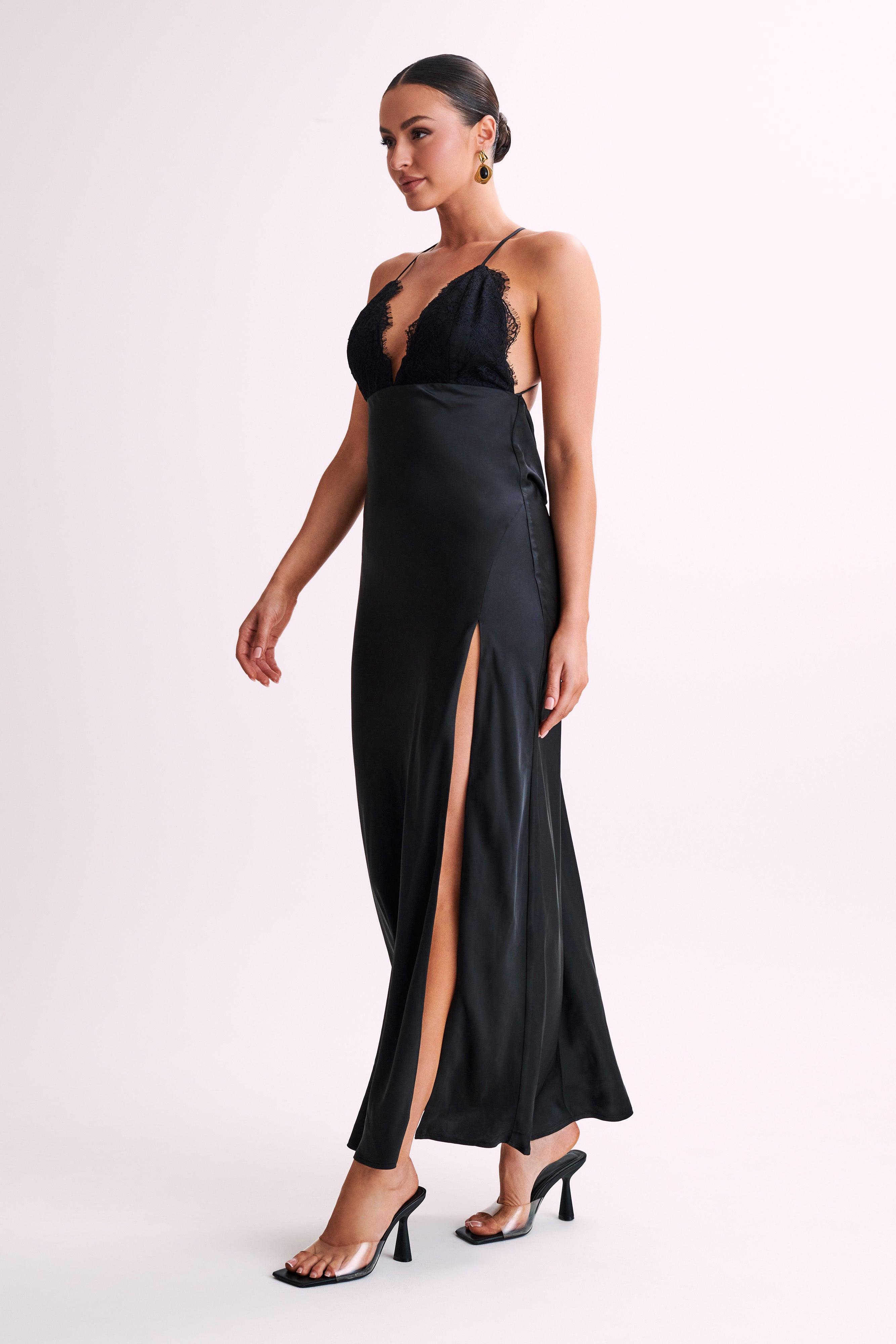 Gina Satin Slip Maxi Dress With Lace - Black Product Image