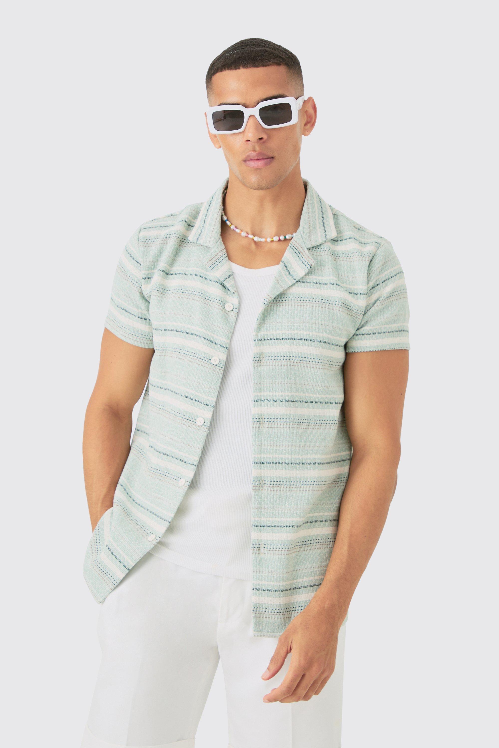 Short Sleeve Textured Stripe Shirt | boohooMAN USA Product Image