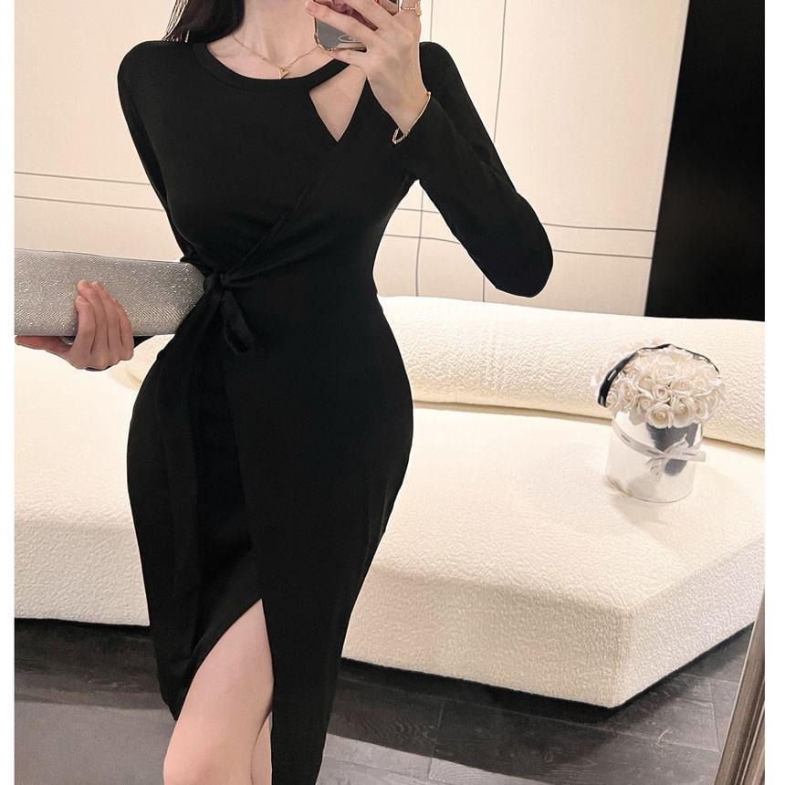 Long Sleeve Round Neck Plain Slit Bodycon Mini Dress Product Image