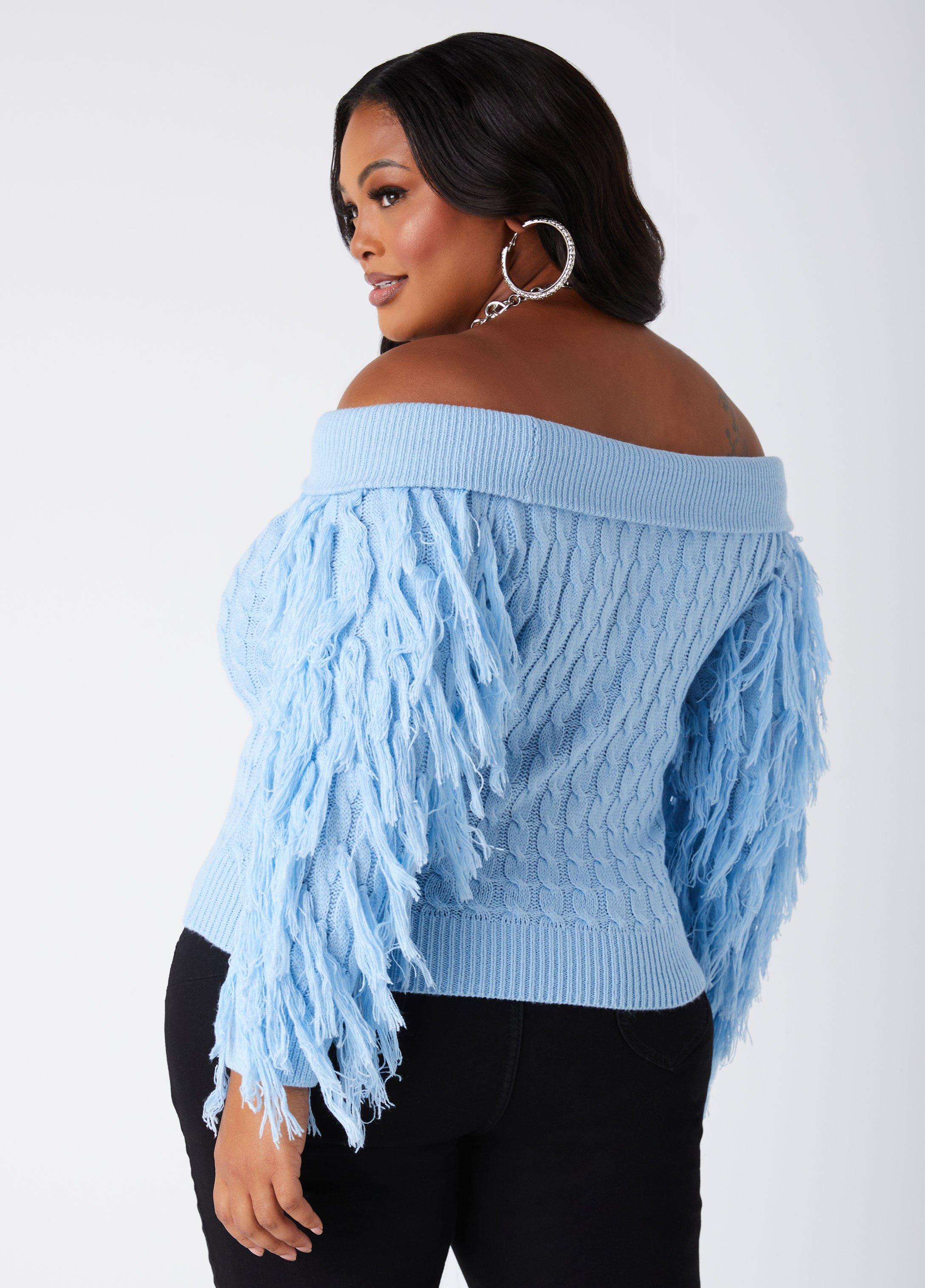 Plus Size Off The Shoulder Fringed Sweater Ashley Stewart Product Image