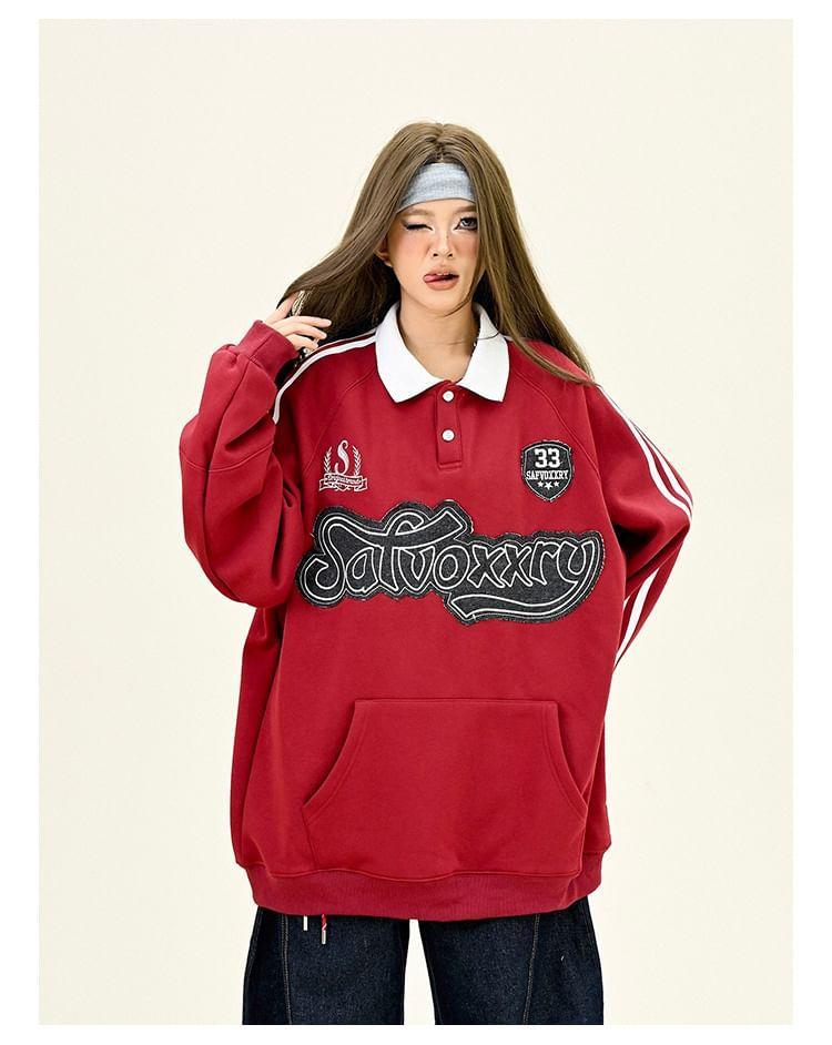 Polo Collar Lettering Embroidered Oversized Sweatshirt Product Image