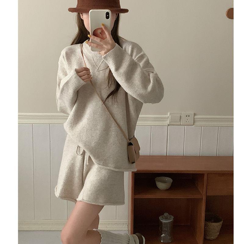 Set: Round Neck Plain Sweater + Drawstring Waist Knit Shorts Product Image