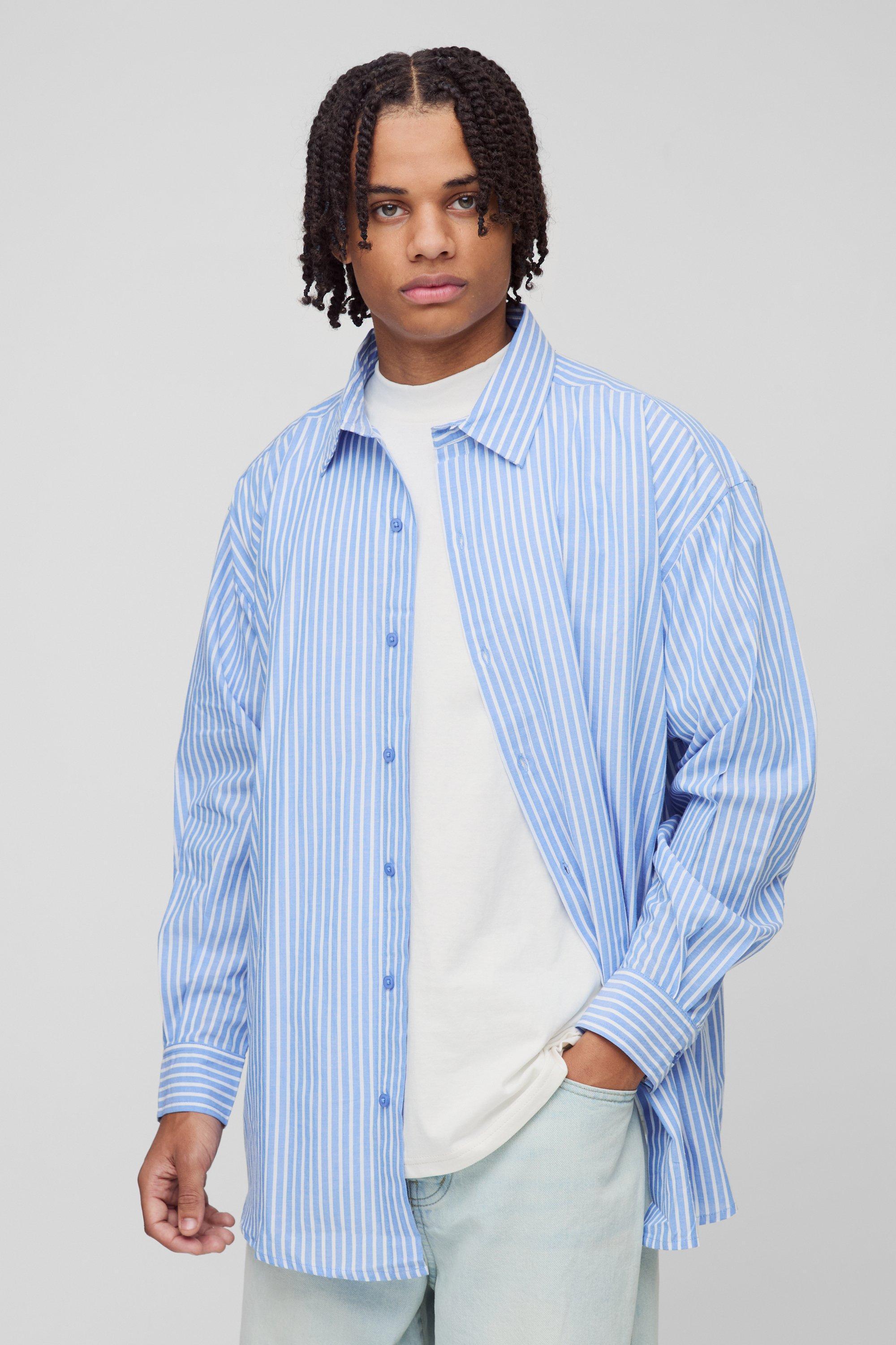 Mens Oversized Long Sleeve Striped Shirt In Blue, Blue Product Image