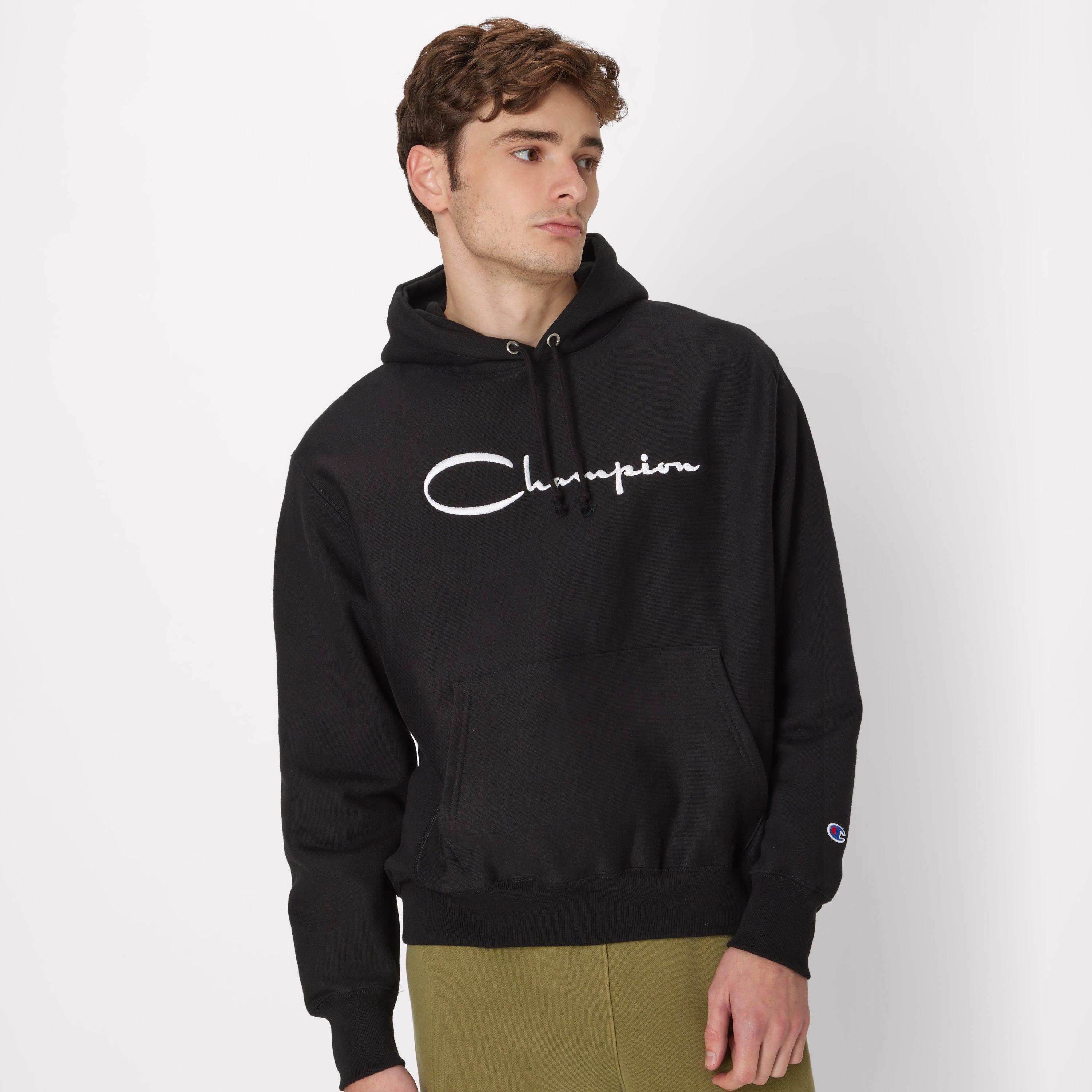 Mens Champion Reverse Weave Hoodie, White Vintage Script Logo Black S product image