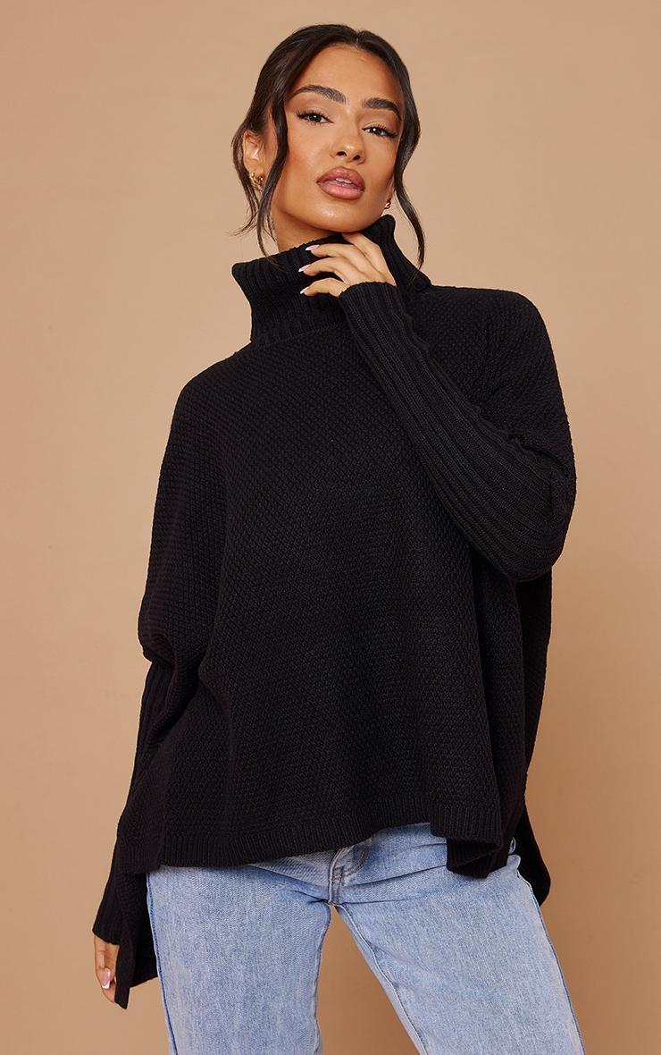 Petite Black Oversized Slouchy Knitted Sweater Product Image