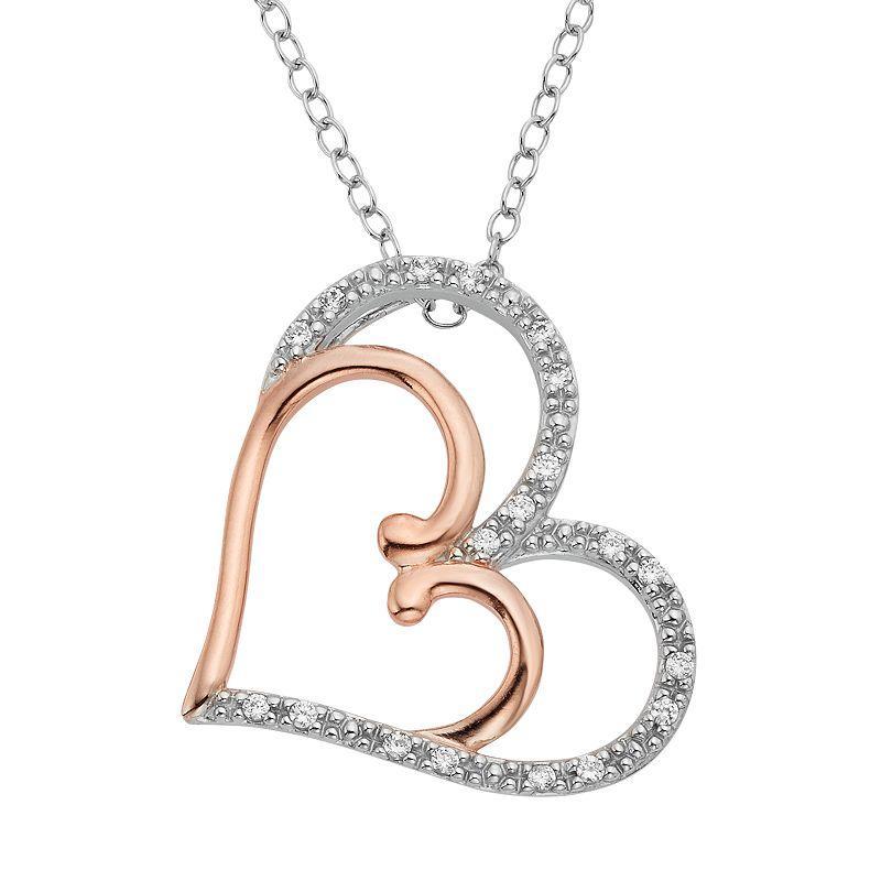 1/10 Carat T.W. Diamond Two Tone 14k Gold Double Heart Pendant Necklace, Womens White Product Image