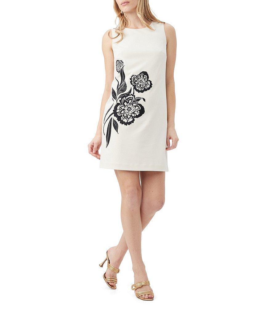 Trina Turk Hann 2 Crepe Knit Round Neck Sleeveless Floral Embroidered Shift Dress Product Image