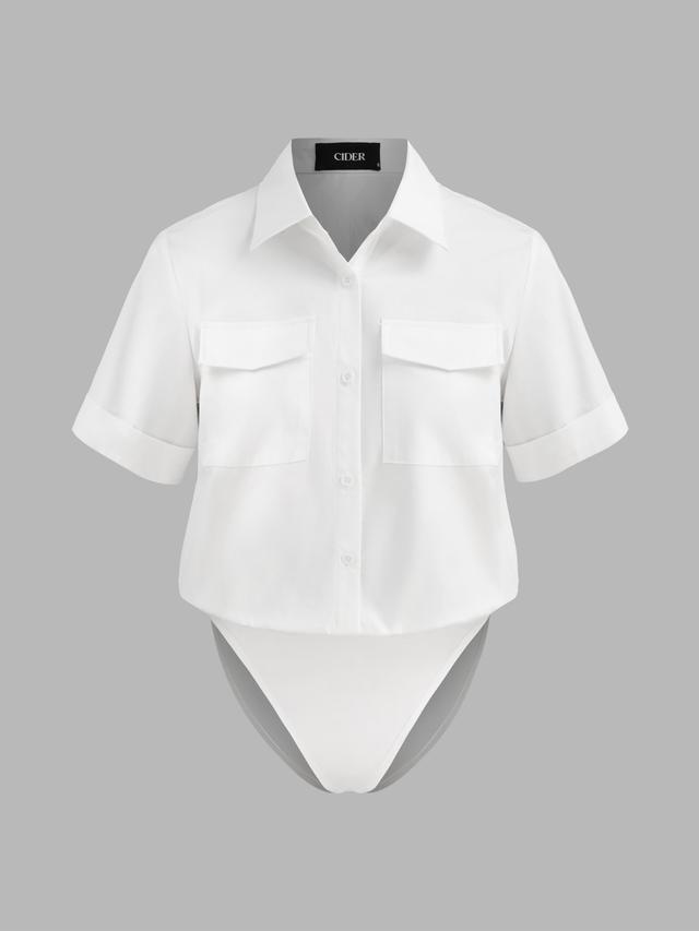 100% Cotton Collar Solid Button Shirt Bodysuit Product Image