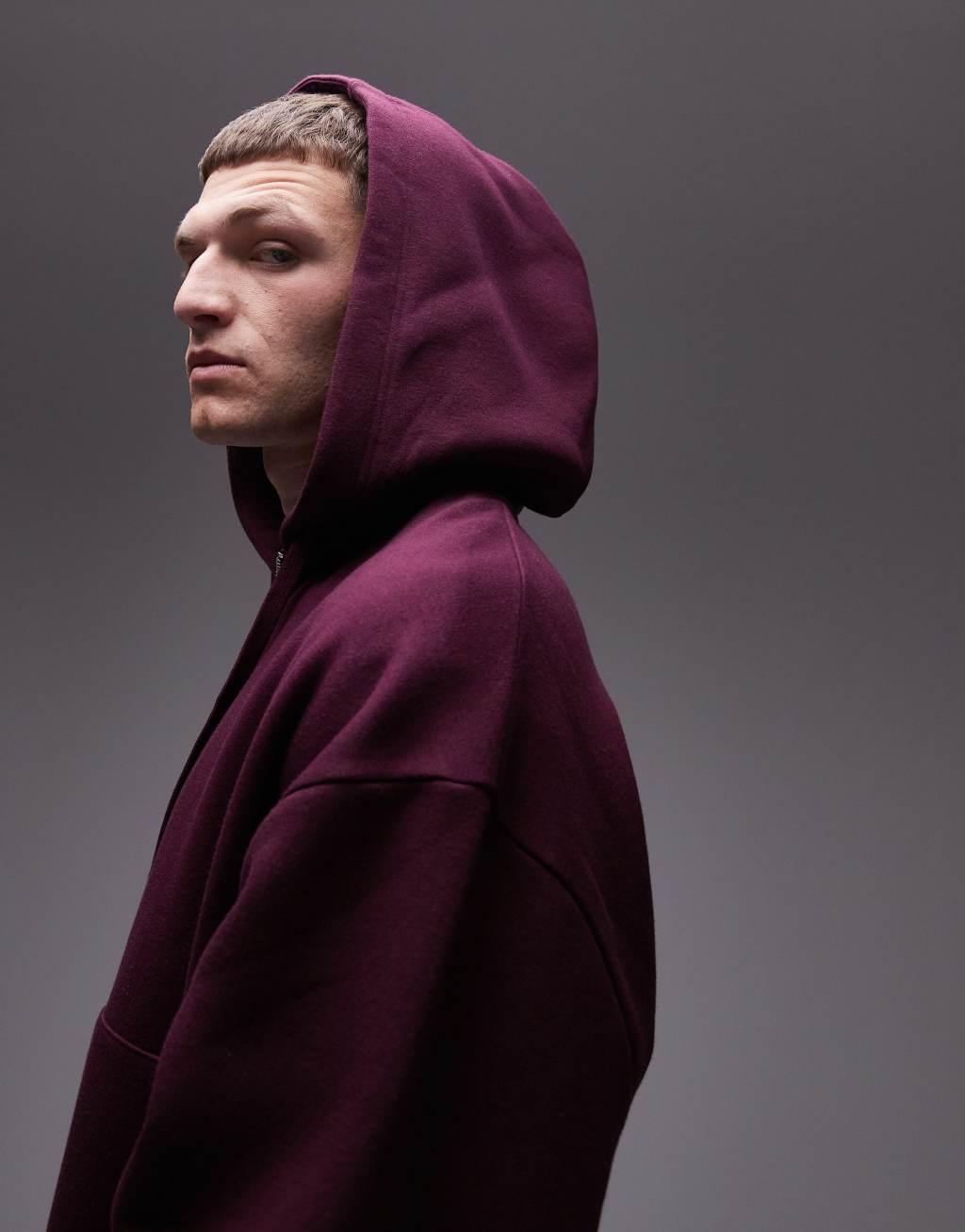 Topman oversized fit full zip hoodie in burgundy Product Image