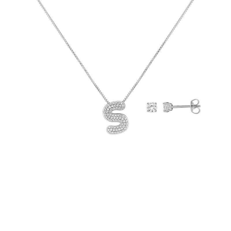 Brilliance Silver Plated Cubic Zirconia Stud Earrings and Initial Pendant Necklace Set, Womens Silver Tone S Product Image