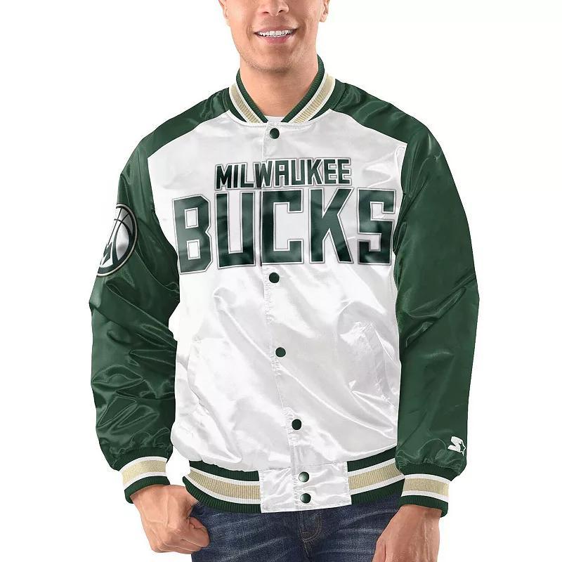 Mens Starter /Hunter Green Milwaukee Bucks Renegade Satin Full-Snap Varsity Jacket Product Image