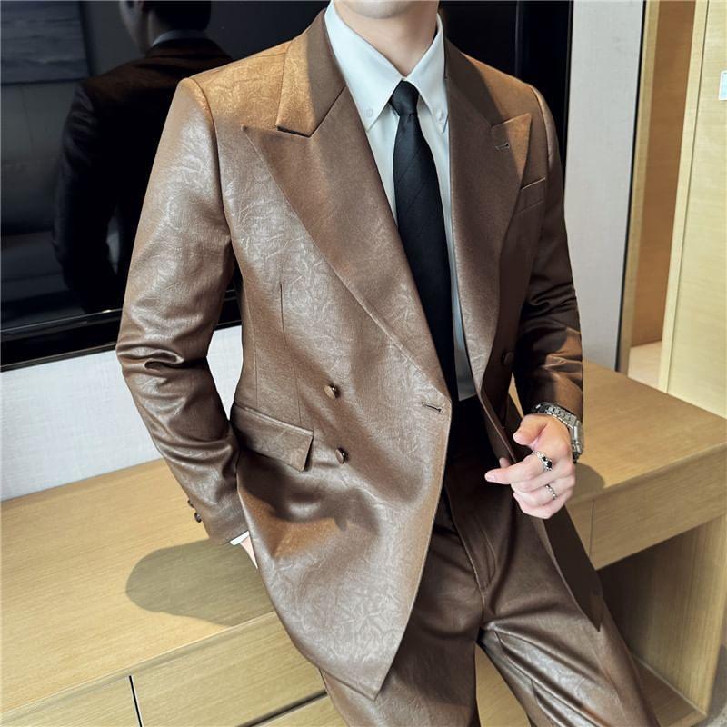 Peak Lapel Plain Faux Leather Double-Breasted Blazer / Mid Rise Cropped Tapered Pants / Set Product Image