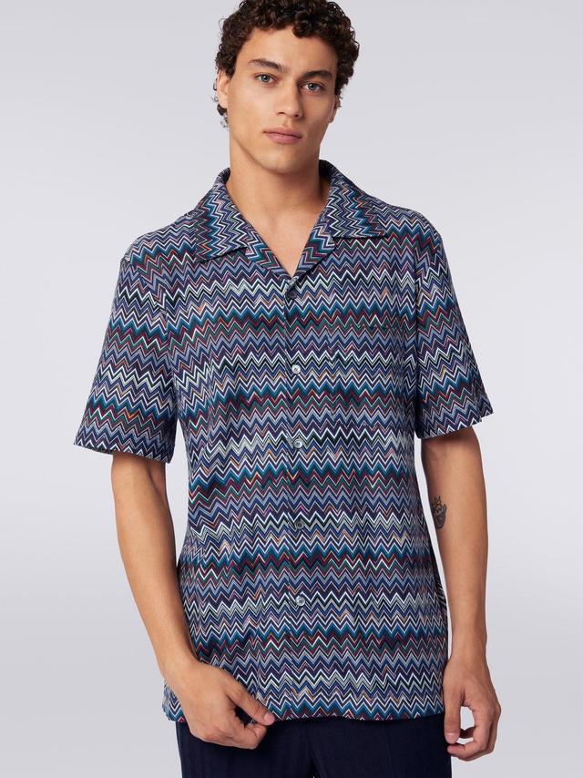 Short-sleeved bowling shirt in zigzag cotton and viscose Navy Blue | Missoni Product Image