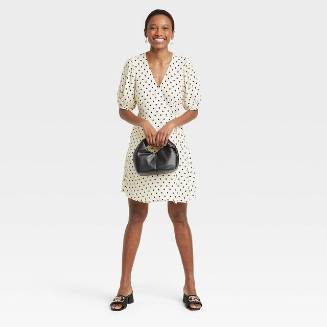 Womens Balloon Short Sleeve Mini Wrap Dress - A New Day Cream/Black Polka Dots Product Image