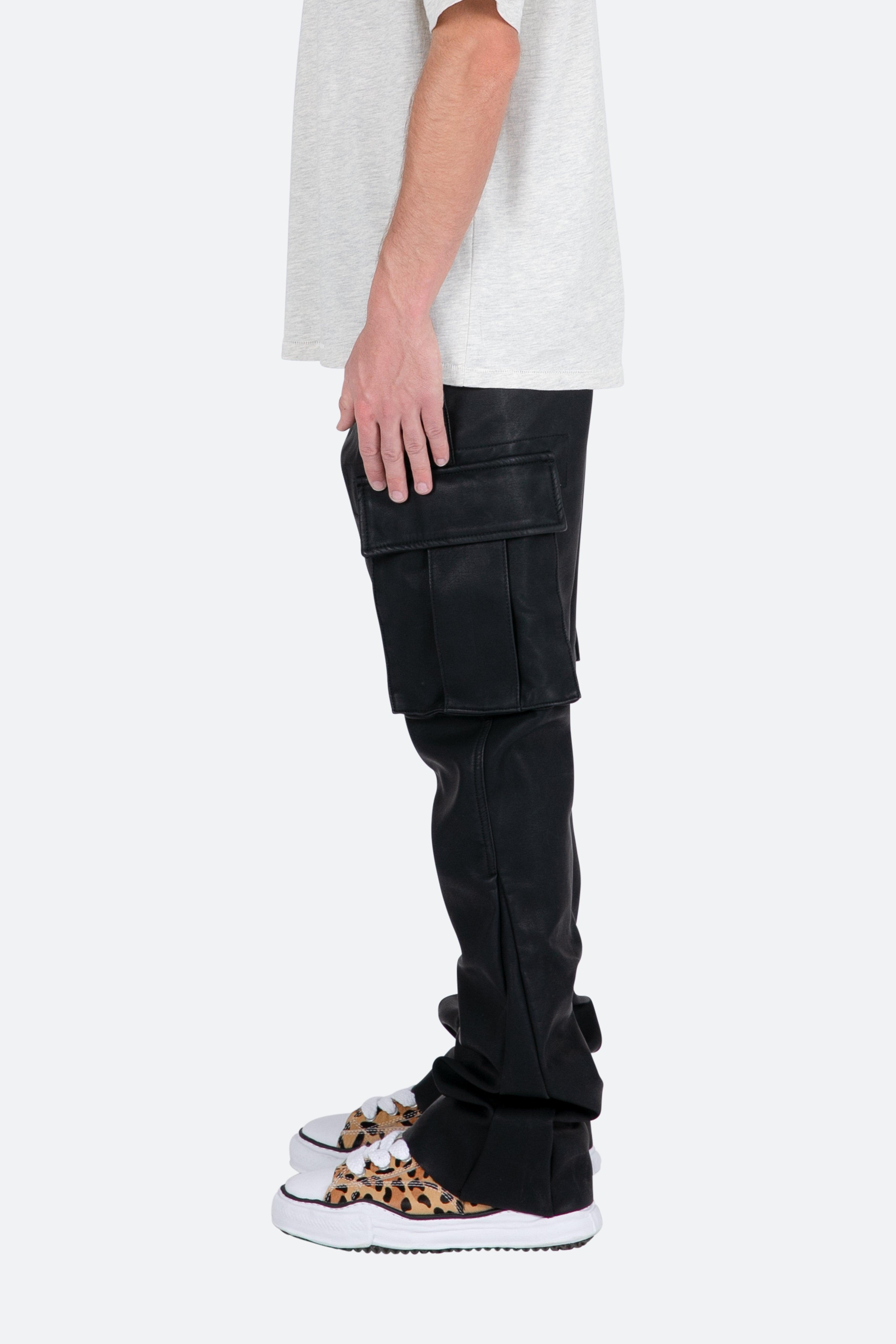 B449 Leather Cargo Flare Pants - Black Product Image