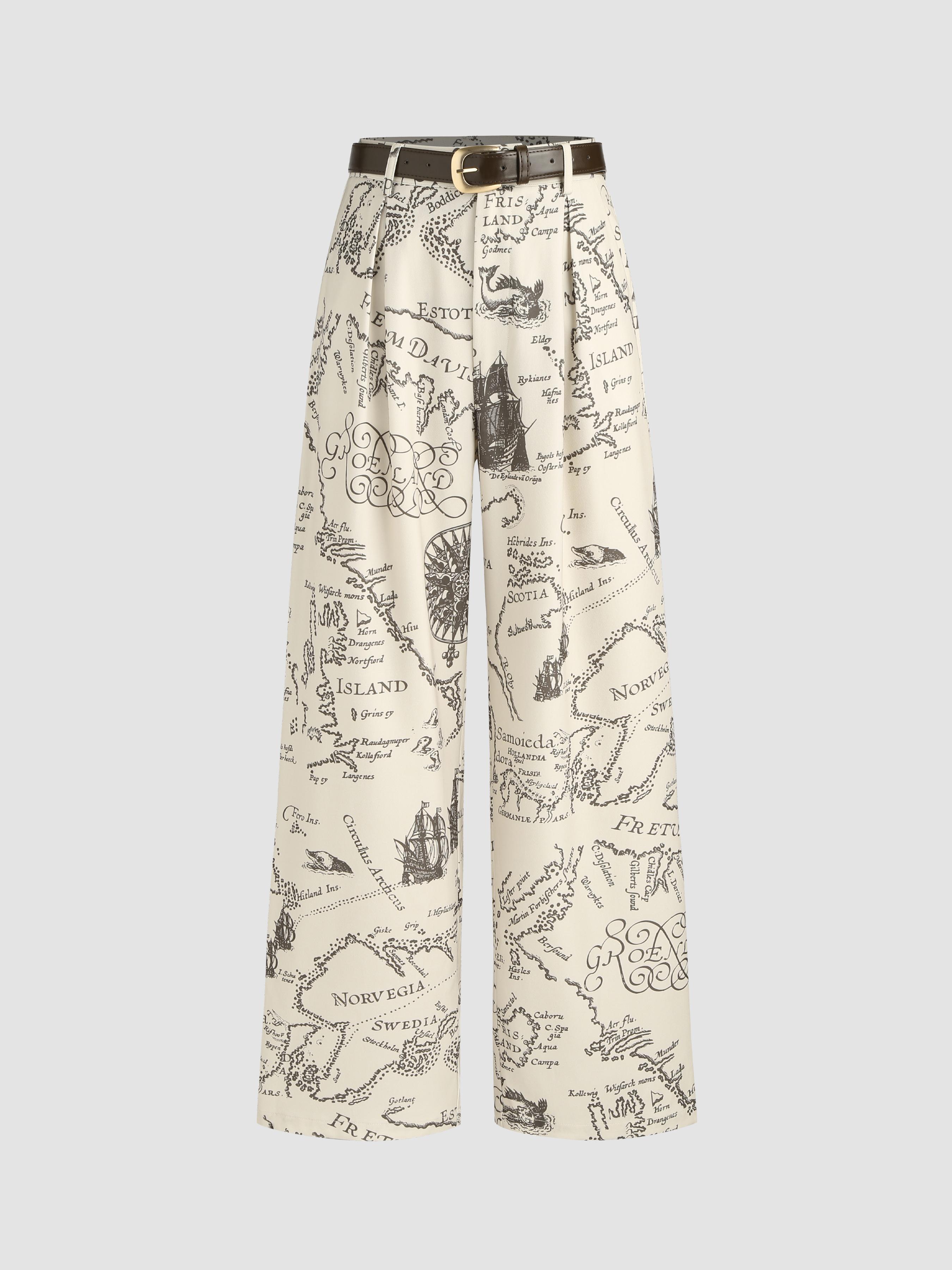 Mid Waist All Over Print Wide Leg Trousers With Belt Product Image