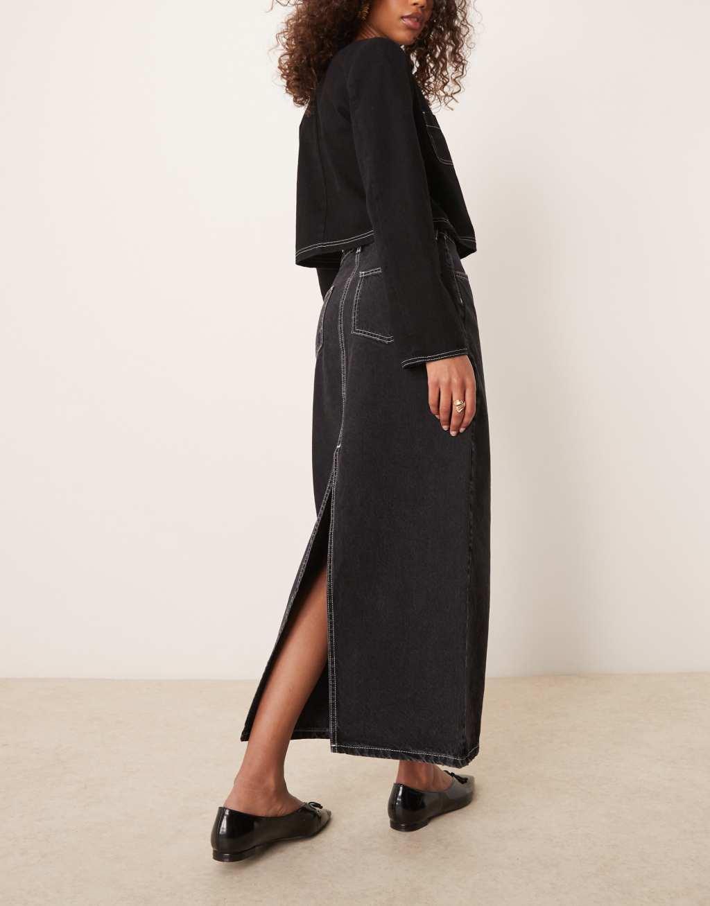 ASOS DESIGN denim maxi skirt with patch pockets contrast stitching in washed black Product Image