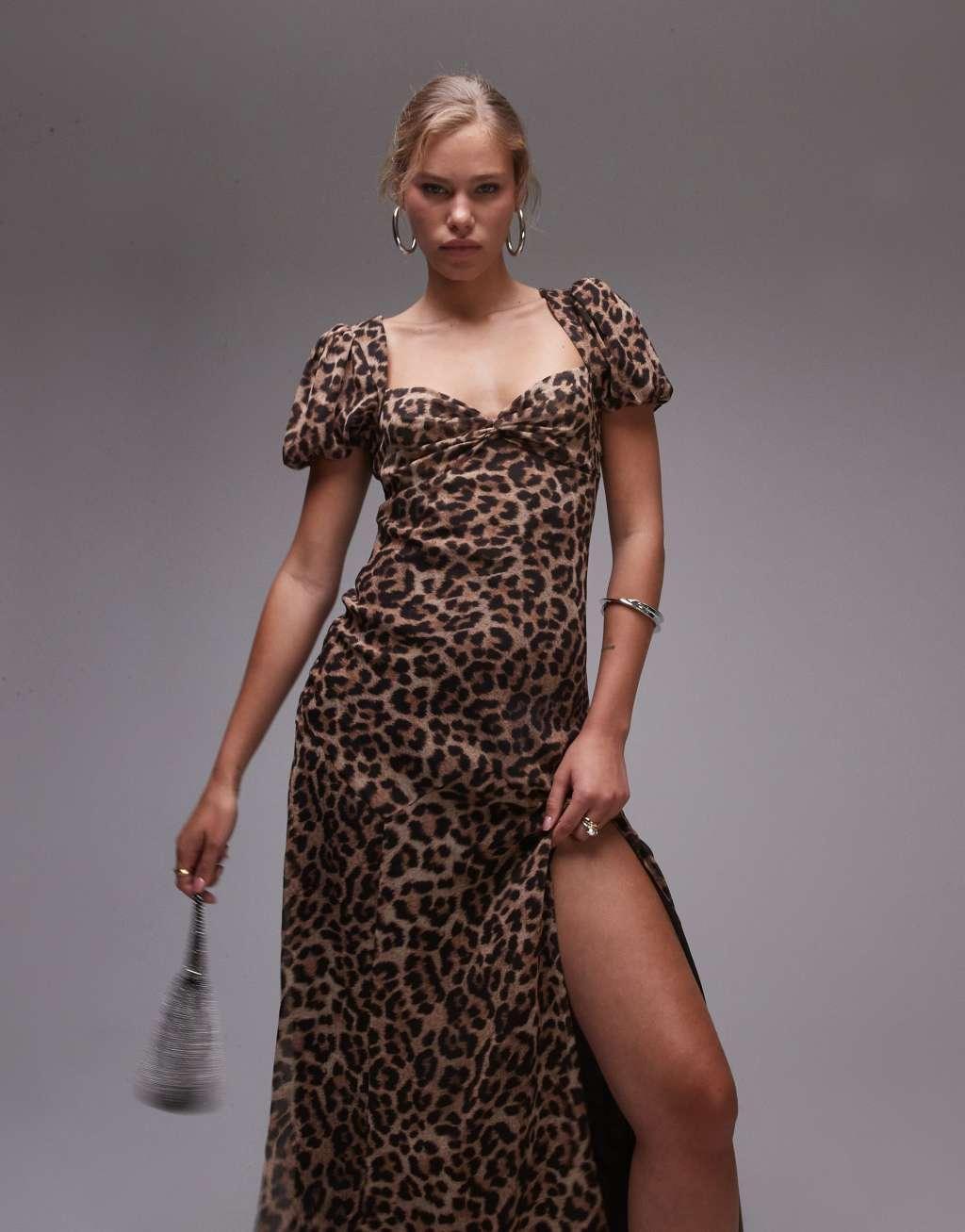 Topshop ruched sleeve occasion dress in animal print Product Image