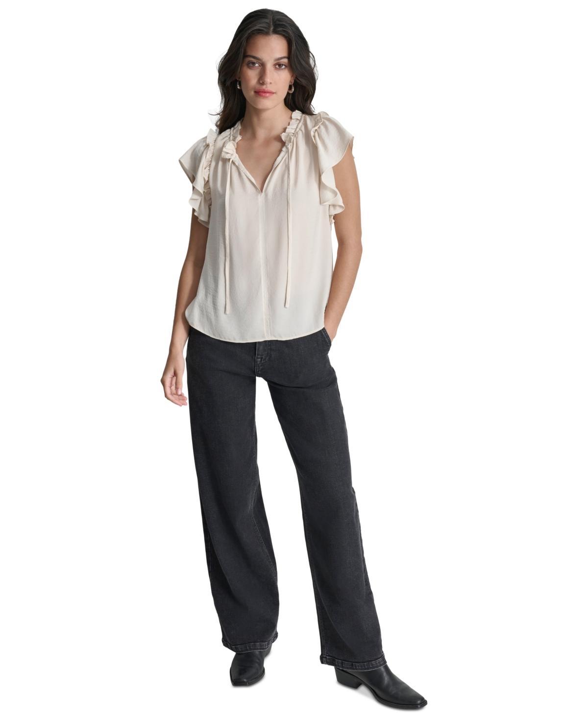 Dkny Jeans Womens Ruffle-Trim Split-Neck Top Product Image