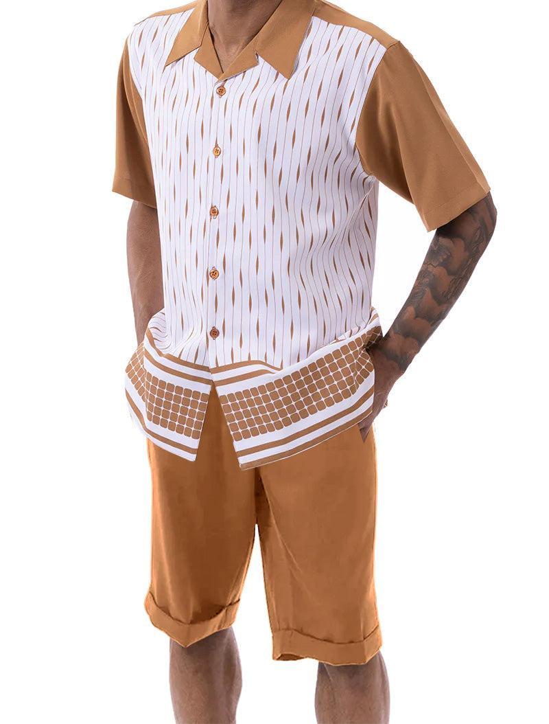 Cognac Abstract Design Walking Suit 2 Piece Short Sleeve Set with Shorts Product Image