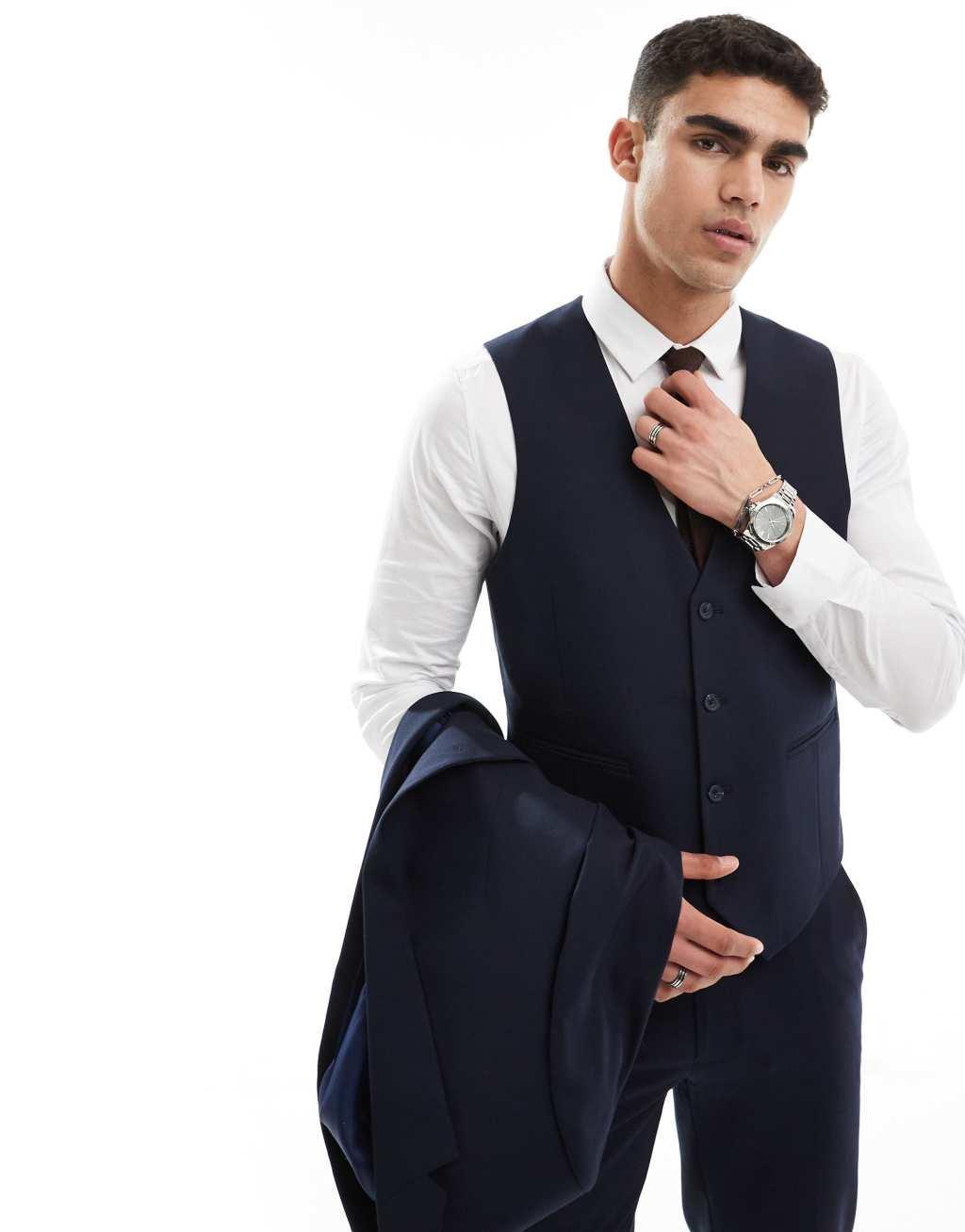 ASOS DESIGN double breasted skinny suit vest in navy Product Image