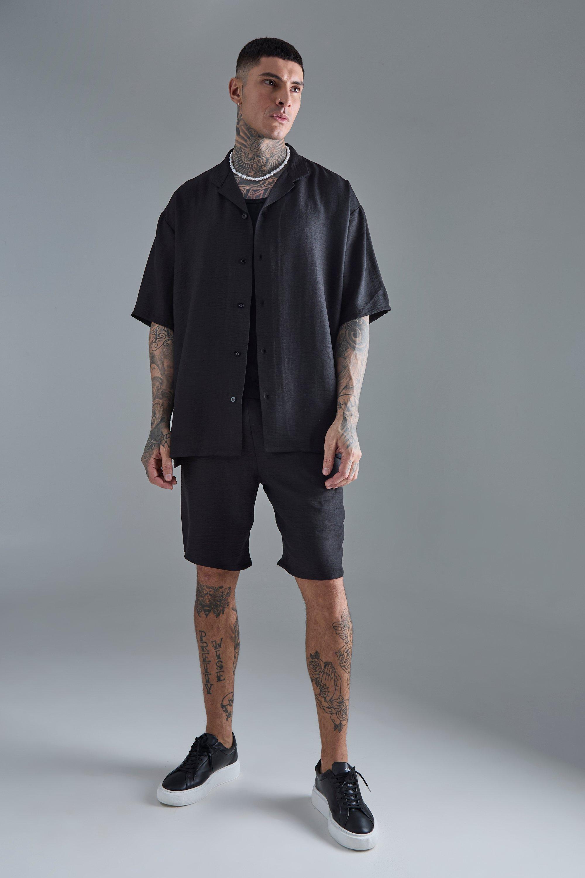 Tall Short Sleeve Oversized Linen Shirt & Short Set In Black | boohooMAN USA Product Image