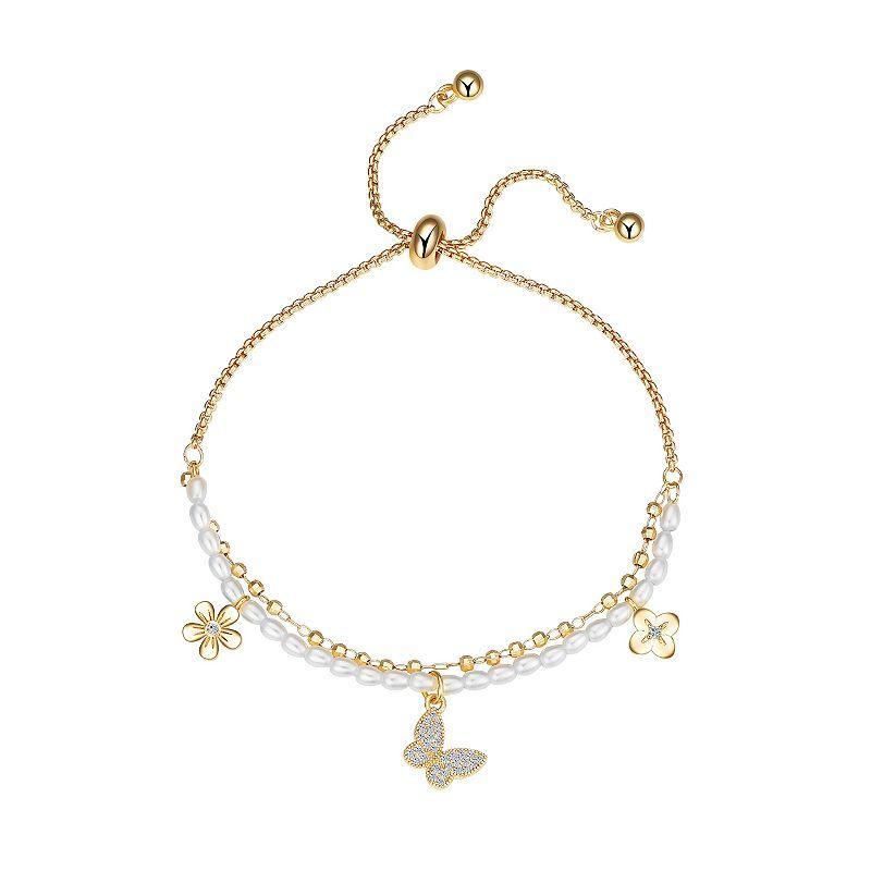 Love This Life 14k Gold Flash-Plated Cubic Zirconia Butterfly, Double Flower, Pearl & Beaded, Double Strand Adjustable Bolo Bracelet, Womens, Gold Tone Product Image