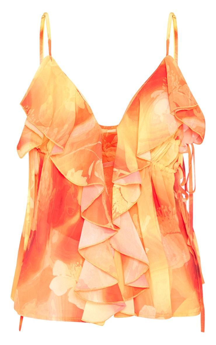 Orange Floral Print Chiffon Frill Longline Cami Top Product Image