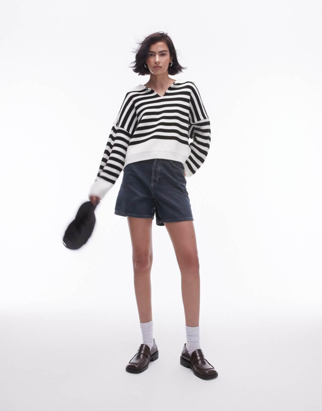 Topshop knit collared striped sweater in mono Product Image