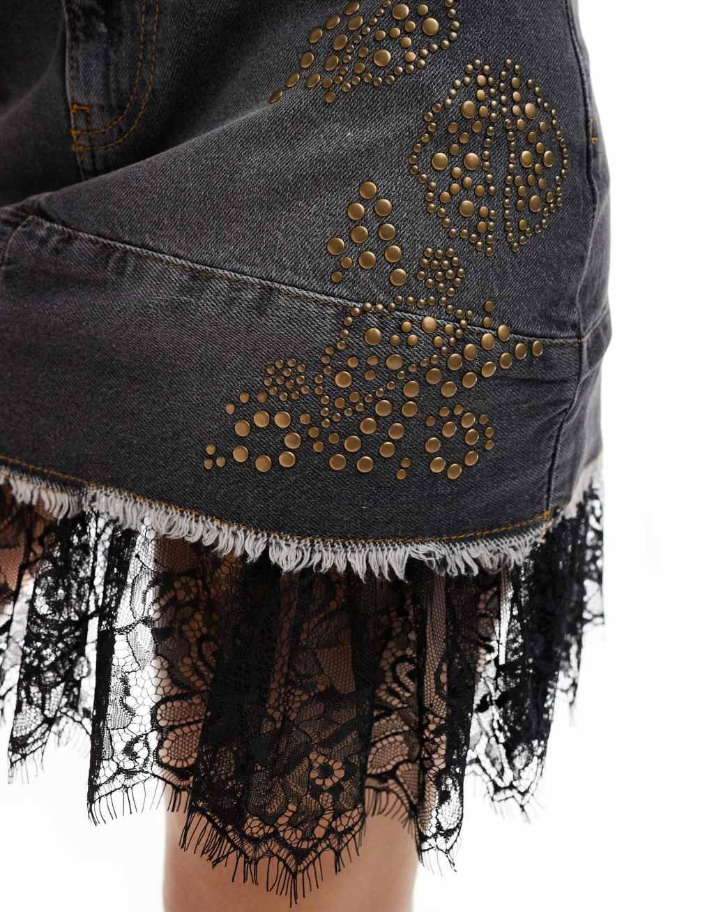 Reclaimed Vintage festival rhinestone mini skirt with lace detail Product Image