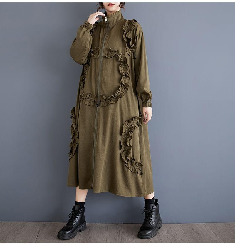 Mock Neck Frill Trim Plain Zip-Up Long Coat Product Image