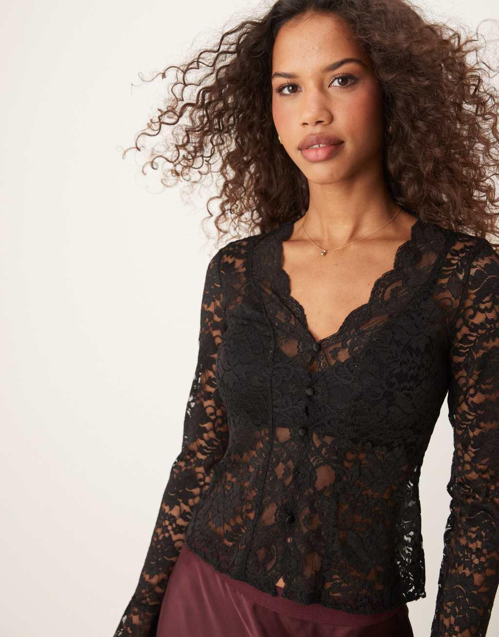 GINA TRICOT lace top with scalloped edge detail in black product image