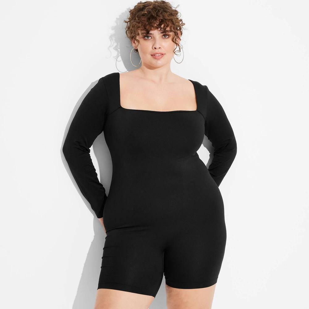 Womens Long Sleeve Seamless Square Neck Romper - Wild Fable Black 4X Product Image