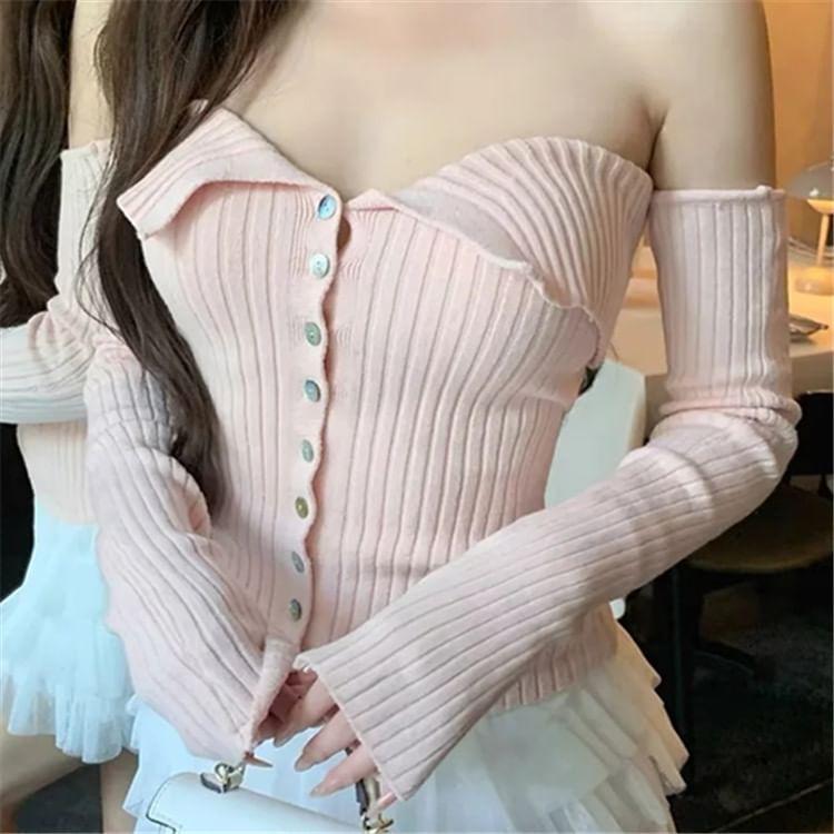 Off-Shoulder Long Sleeve Plain Ribbed Knit Button Up Cropped Top Product Image