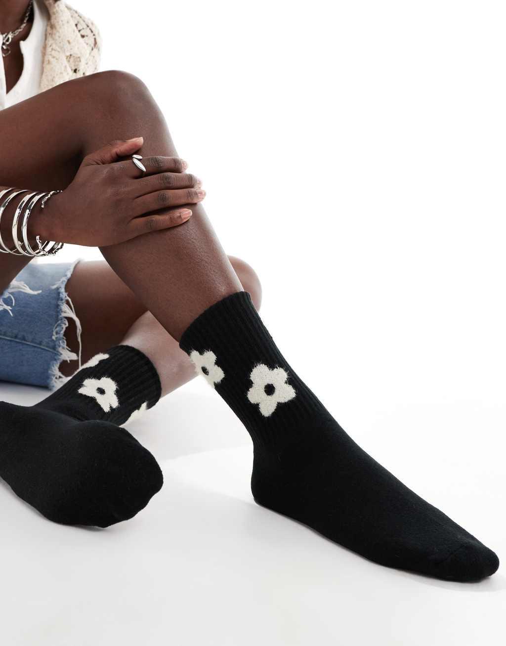 Glamorous flower embroidered socks in black  Product Image