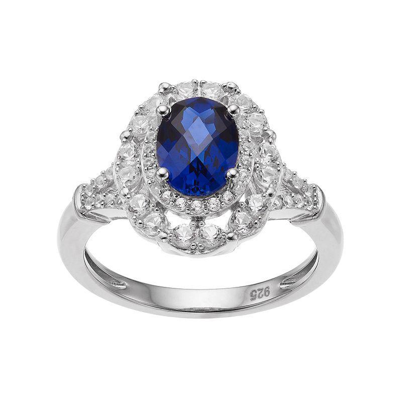 Sterling Silver Lab-Created Blue & White Sapphire Oval Halo Ring, Womens Product Image