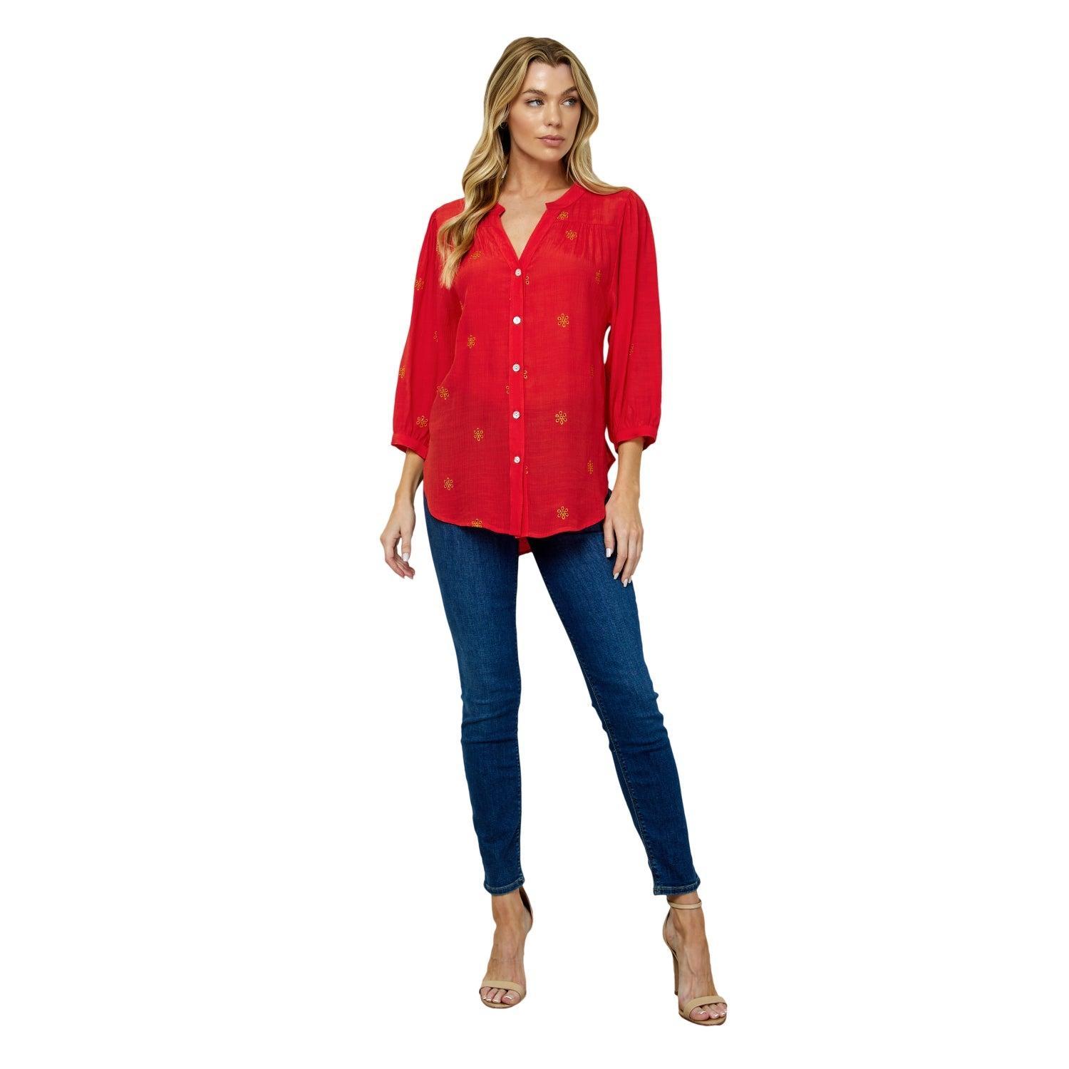 Long Sleeve Button Front Yoke Neck Top Product Image