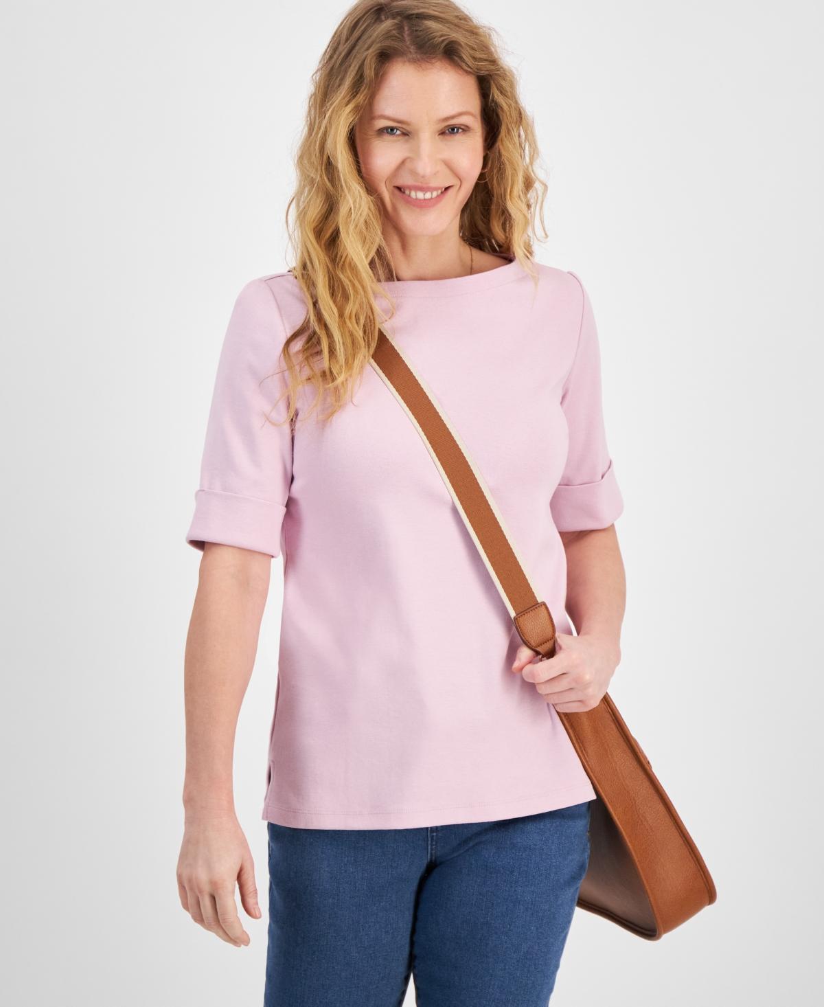 Women's Boat-Neck Elbow Sleeve Cotton Top, XS-4X, Created for Macy's Product Image