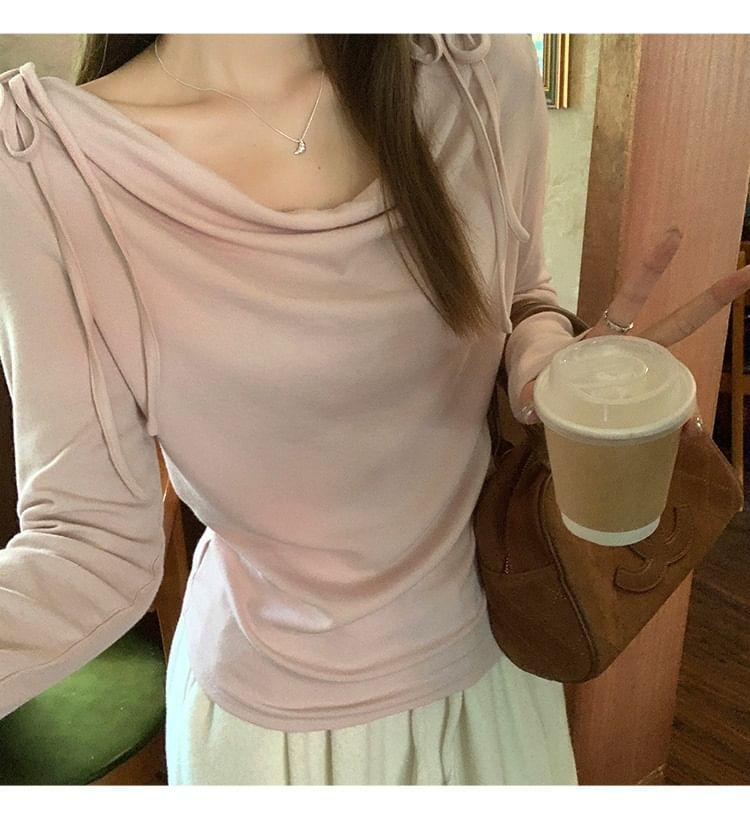 Long-Sleeve Cowl Neck Plain Bow Accent Slim Fit Crop T-Shirt Product Image