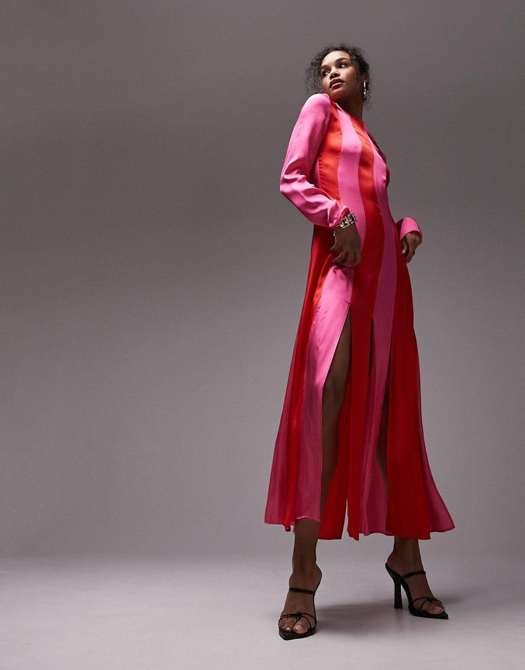 Topshop long sleeve contrast panel midi dress in red and pink Product Image